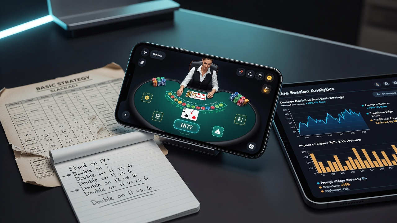 Live Blackjack Session auf Smartphone mit animierten Strategie-Overlays und Karten-Highlights