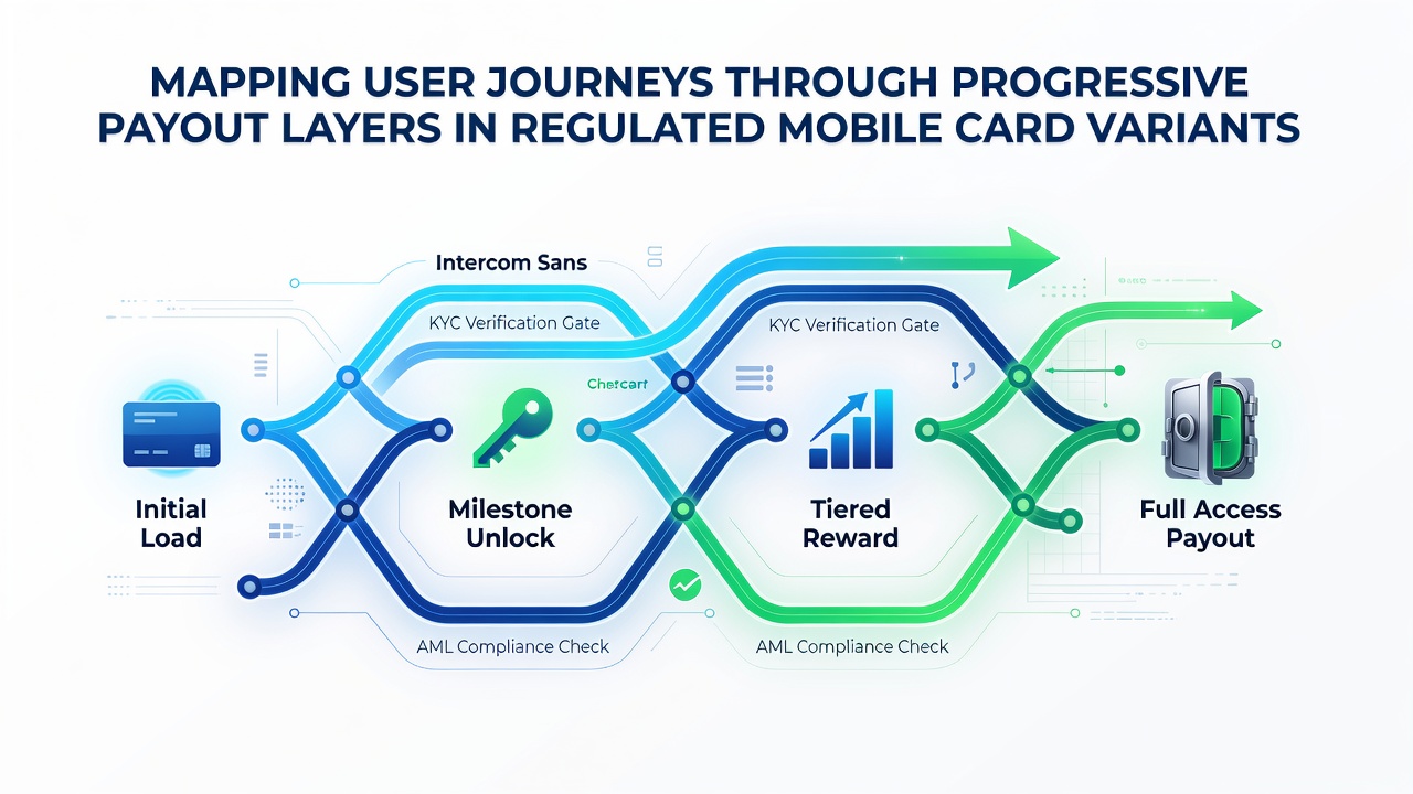 Analyse-Diagramm einer Nutzerreise mit mehreren progressiven Auszahlungsschichten in einer regulierten mobilen Kartenspiel-App