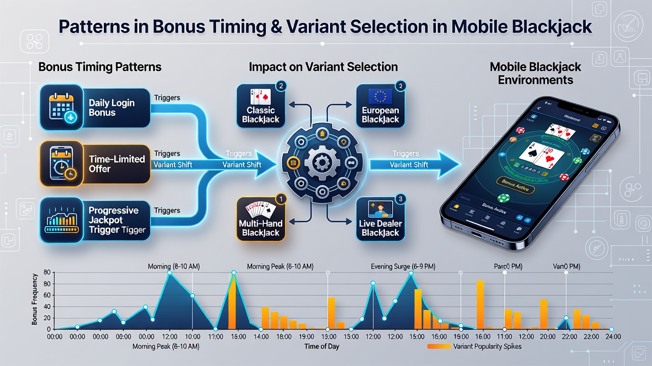 Grafik mit Daten zur Variantenauswahl nach Bonus-Zeitpunkten in mobilen Blackjack-Umgebungen